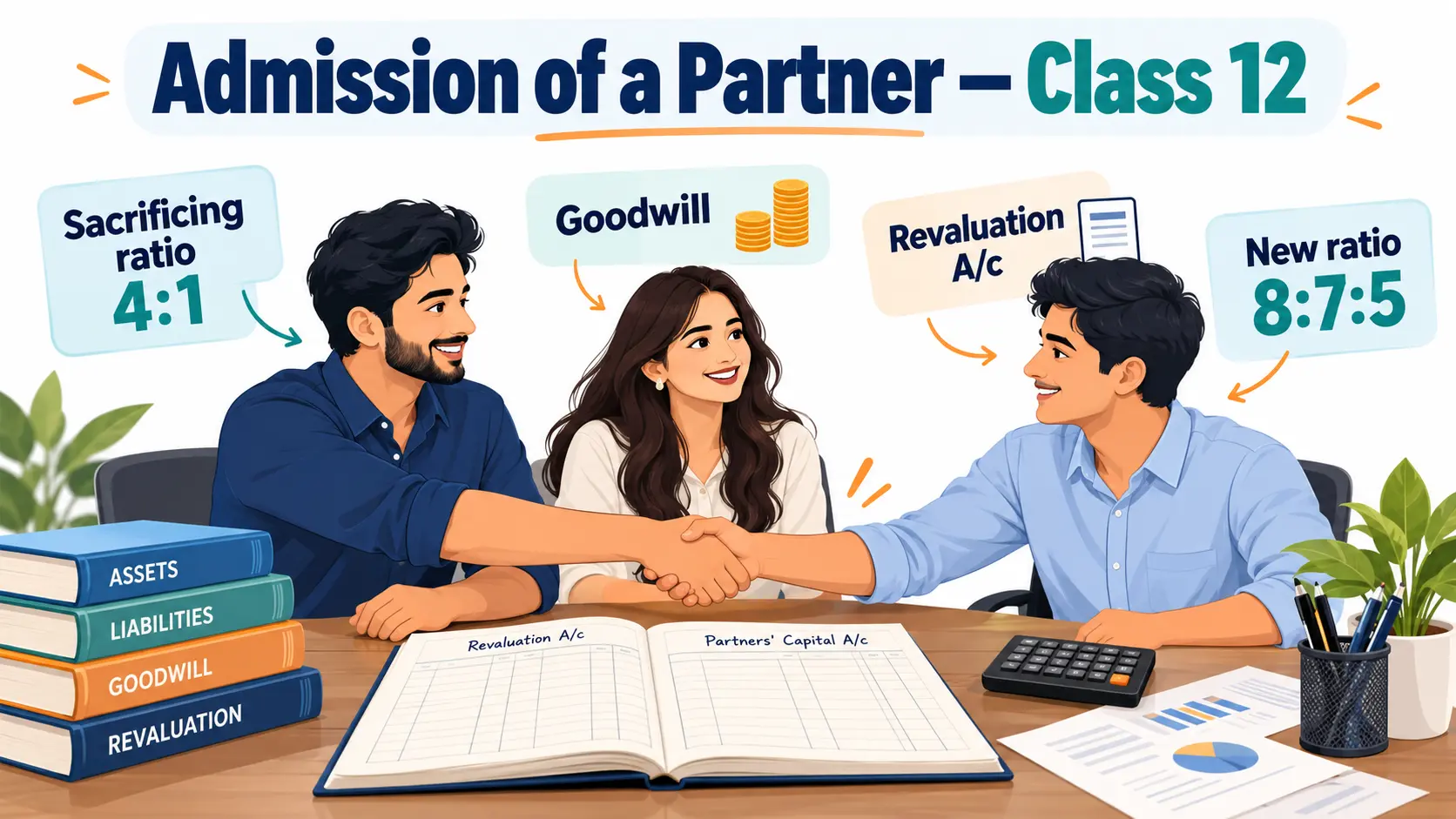 Admission of a partner Class 12 Accountancy: two partners welcoming a new partner, with sacrificing ratio and goodwill notes