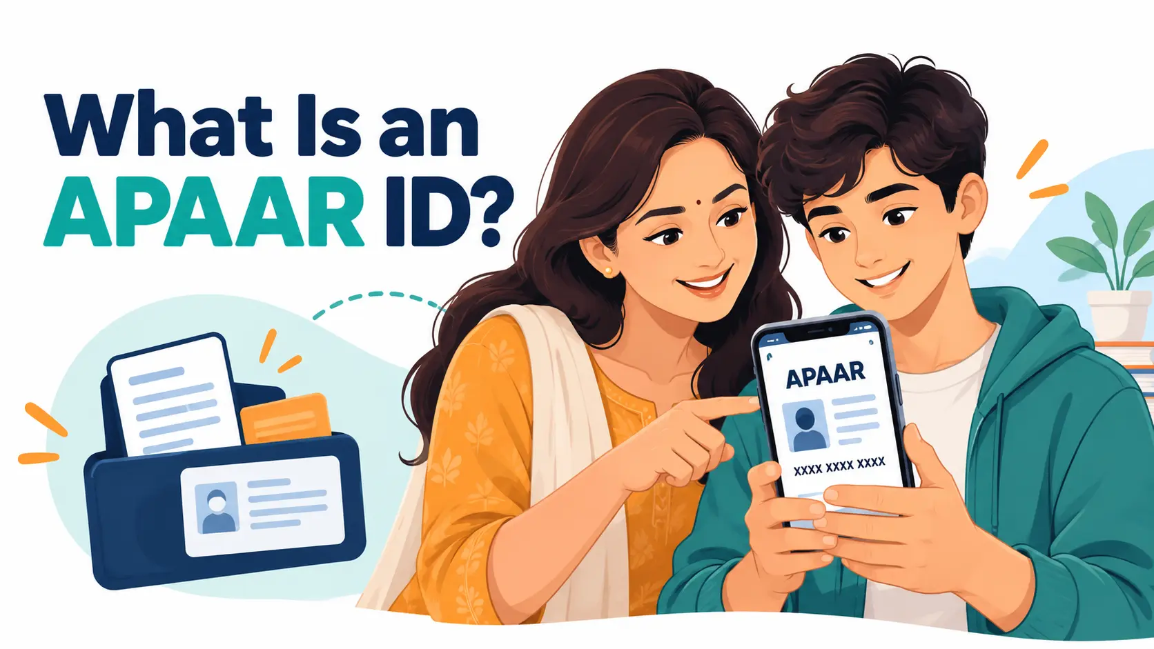 APAAR ID for students: a 12-digit academic ID card shown on a phone in DigiLocker, with a parent and student