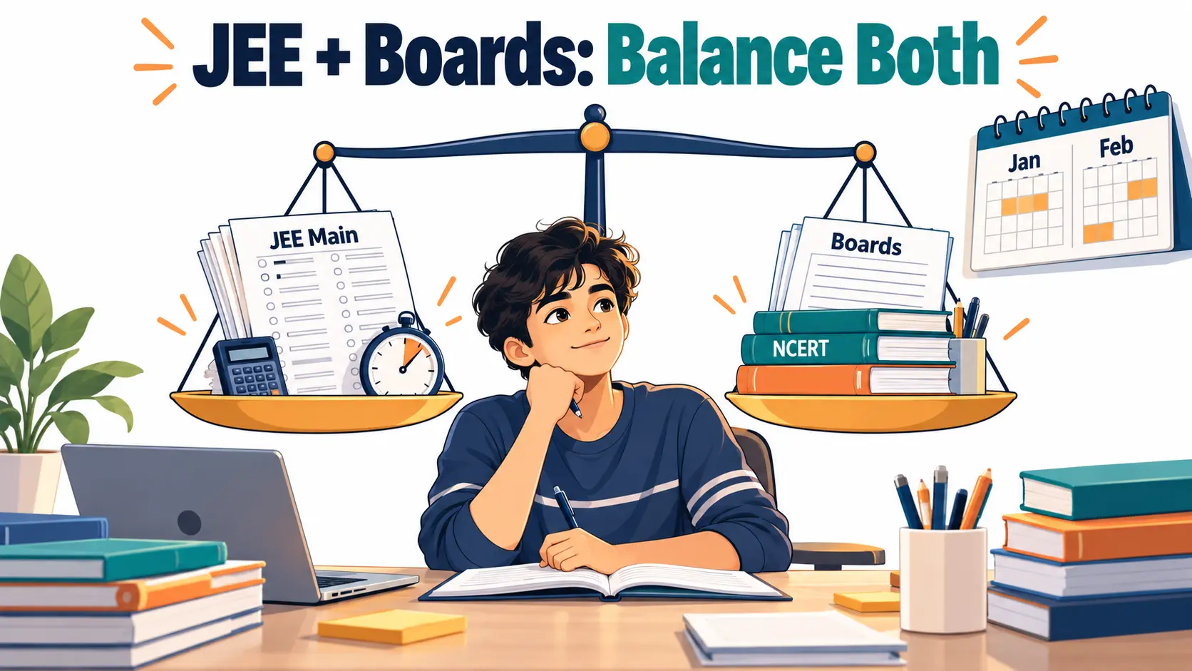 Class 12 student balancing JEE Main and CBSE board exam preparation at a study desk
