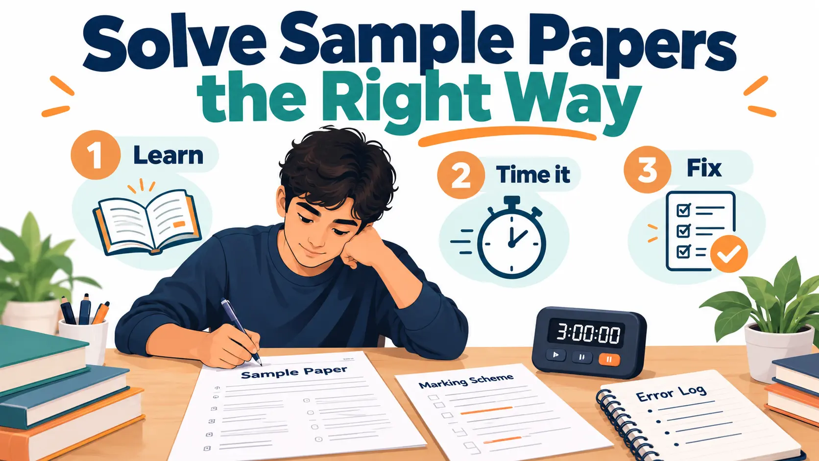How to solve CBSE sample papers: a student at a desk with a sample paper, marking scheme, timer and error log