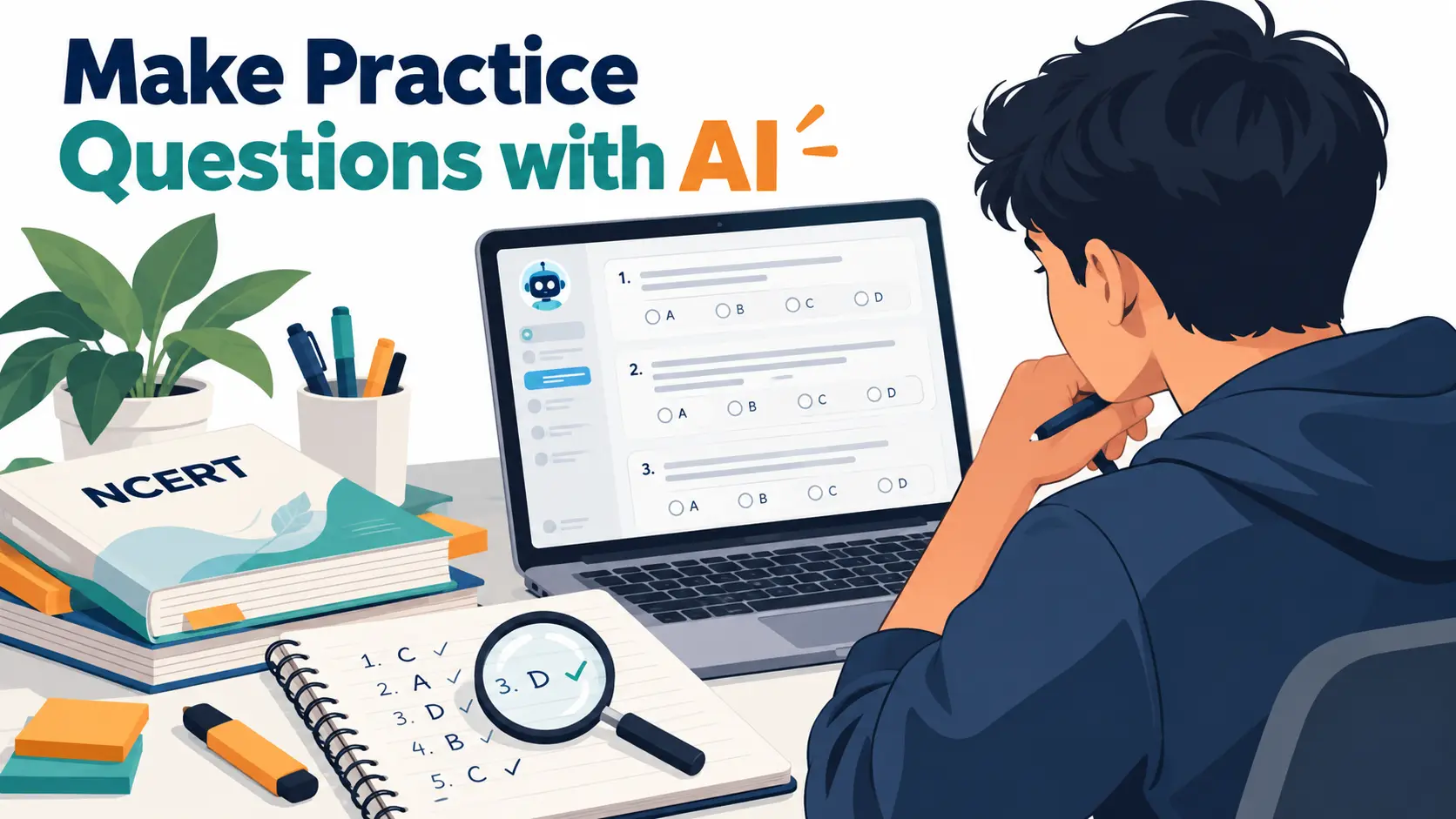 Indian student using an AI chatbot on a laptop to make practice questions, with an NCERT textbook open to check the answers
