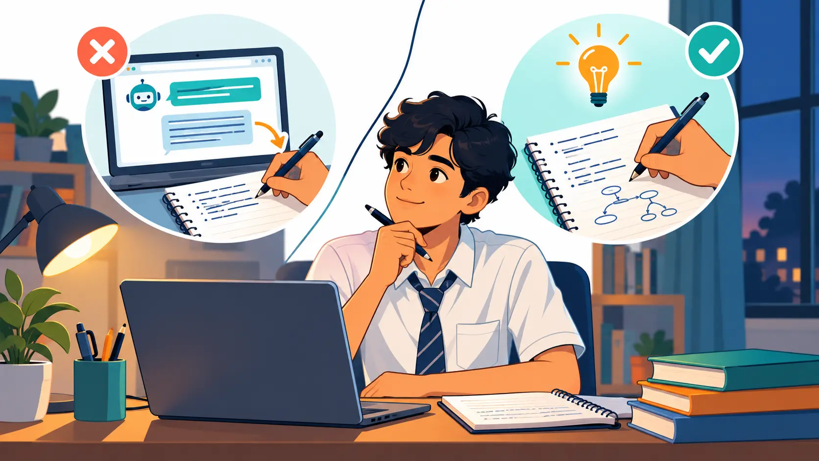 Indian student at a desk deciding whether to use an AI chatbot for homework, with a notebook and laptop