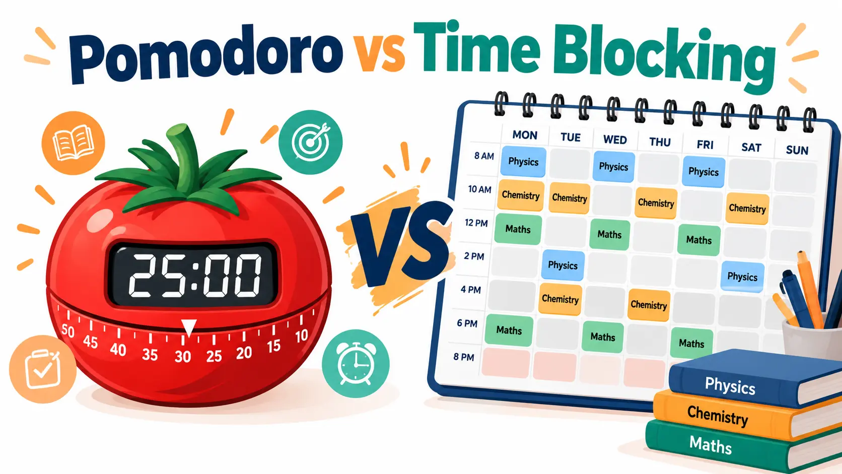 Pomodoro technique for students vs time blocking: a tomato timer beside a weekly study planner