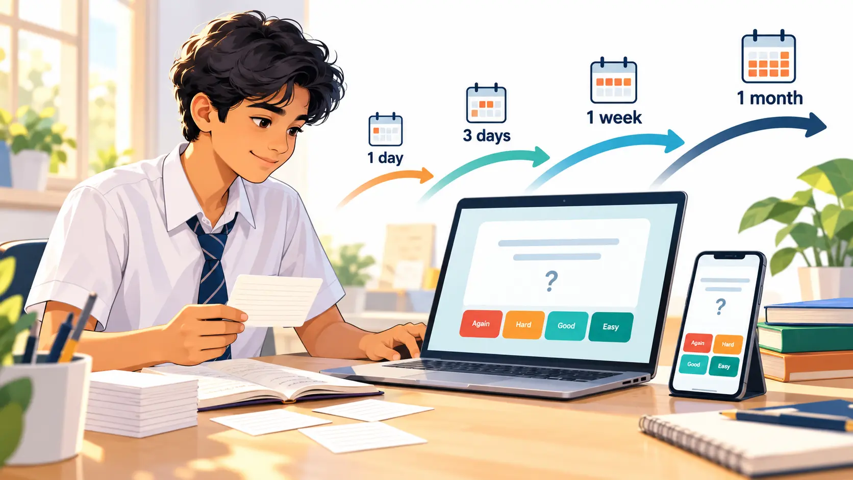 Indian student reviewing digital flashcards in Anki on a laptop and phone, with paper flashcards on the desk